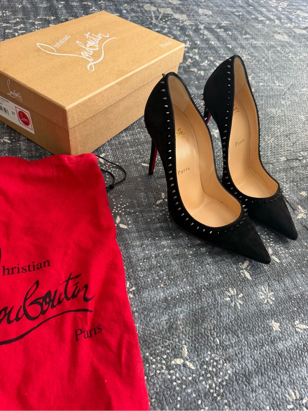 Christian Louboutin Black Suede Studded Pointed Pumps with Red Sole